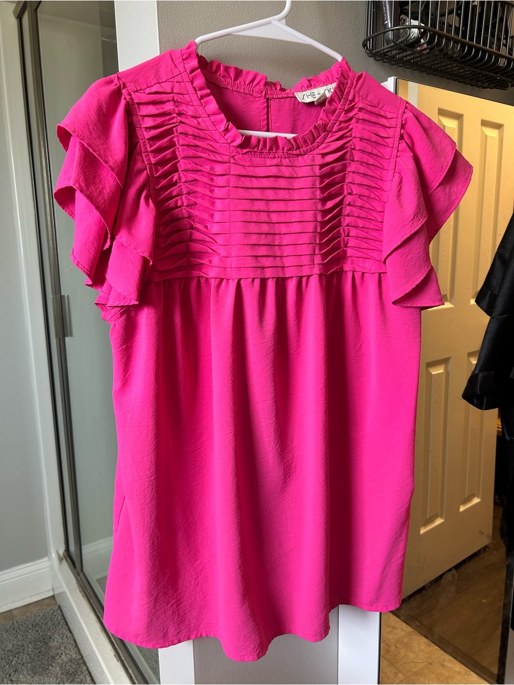 She + Sky Hot Pink Ruffled Pleated Blouse